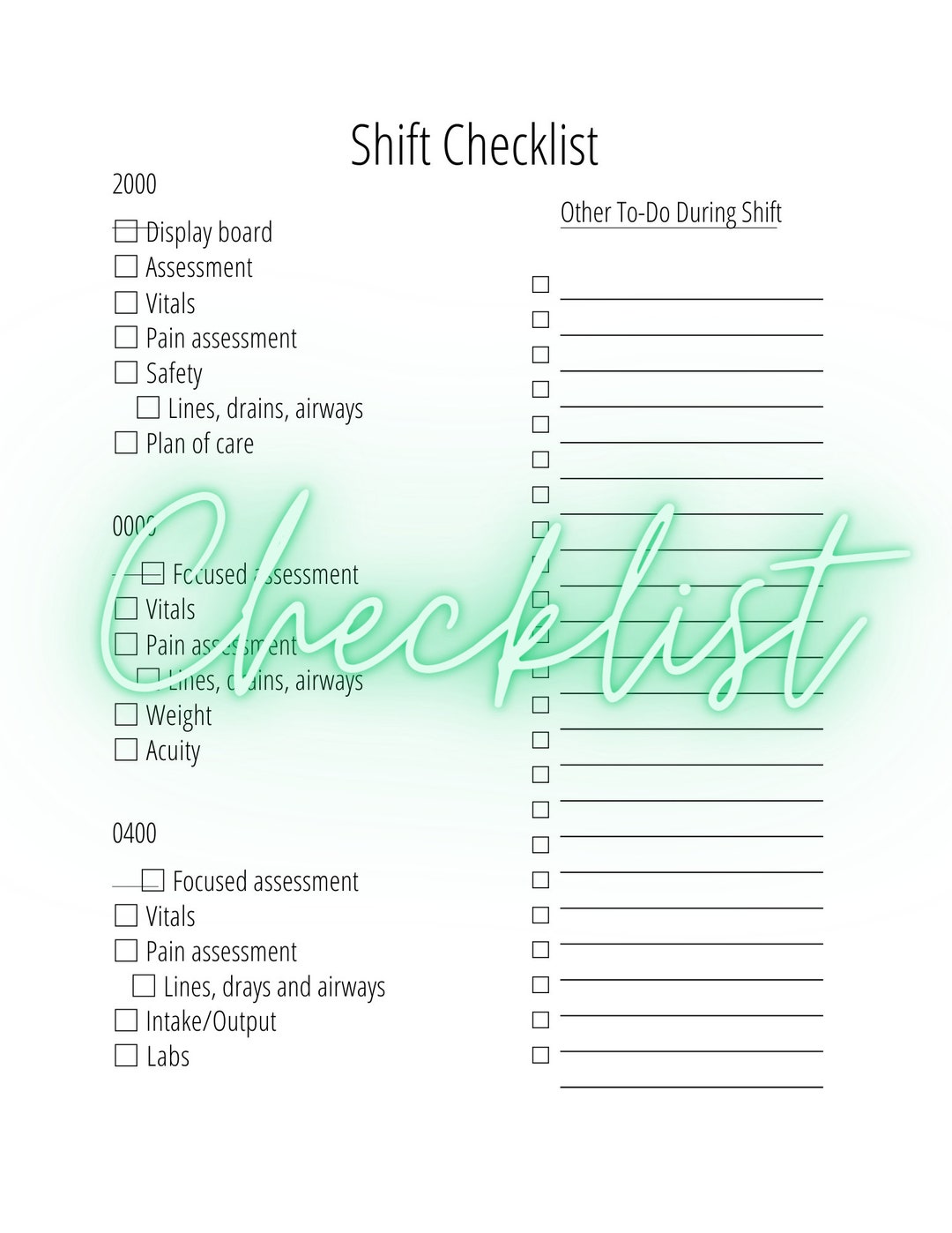 Shift checklist for nurses etsy