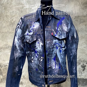 Hand painted Denim Jacket “White&Blue”, Wearable art, Fashion Art