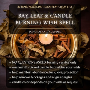 Bay Leaf Burning Service, Candle Burning Service, Bay Leaf & Chime Candle Burning, Wish Spell, Manifestation, Wealth, Healing, Love, AI Art