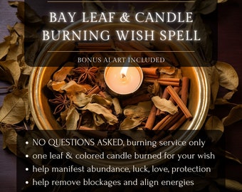 Bay Leaf Burning Service, Candle Burning Service, Bay Leaf & Chime Candle Burning, Wish Spell, Manifestation, Wealth, Healing, Love, AI Art