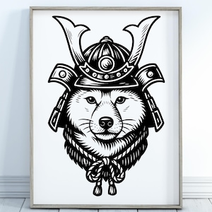 Shiba Inu Samurai Wall Art – Black and White Japanese Dog Illustration – Digital Download PNG