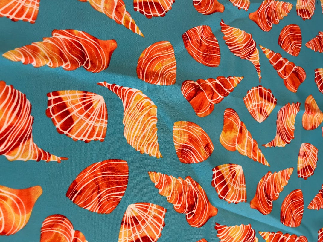 Blue With Orange Sea Shells Fabric for Elasticized Covers - Etsy