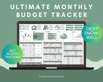 May include: A laptop screen displaying a green and white budget tracker spreadsheet with the title "Ultimate Monthly Budget Tracker". The spreadsheet includes sections for income, expenses, savings goals, debt, and net worth. The spreadsheet also includes charts and graphs to visualize financial data. The text "Debt Snowball" is displayed in a green circle on the right side of the screen.