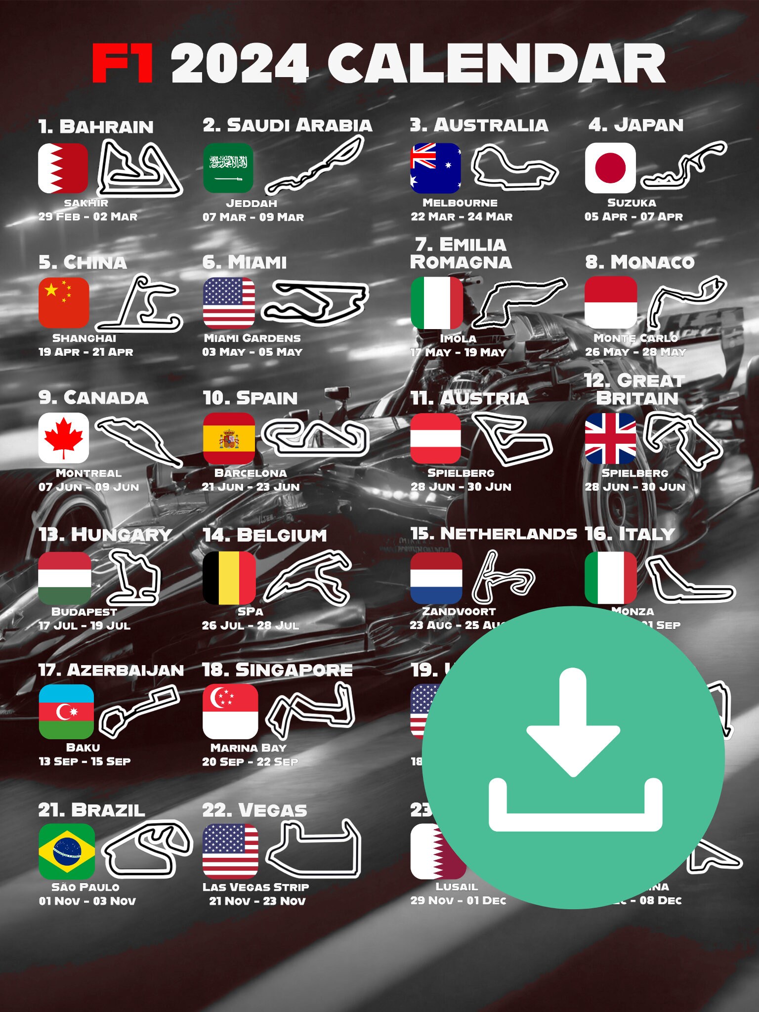 Formula 1 2024 Calendar for F1 Fan Formula 1 2024 Schedule, Printable