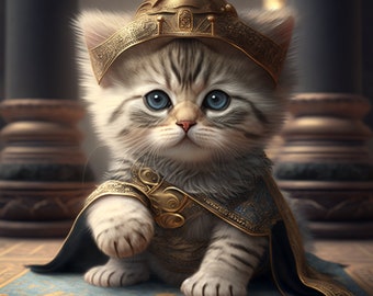 May include: A cute kitten with blue eyes, adorned with a gold crown and a cape with gold detailing. The kitten is seated on a blue and gold patterned surface, with pillars in the background.