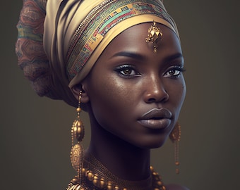 May include: A woman with dark skin wearing a gold head wrap with colorful patterns, gold earrings, and a gold necklace. She is looking to the right of the frame.