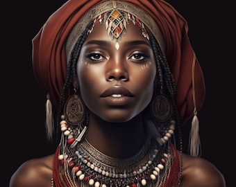 May include: A woman wearing a red turban with gold accents and a variety of beaded necklaces. She has intricate makeup around her eyes and a gold forehead piece.