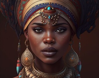 May include: A woman with dark skin and braided hair wears a gold and blue head wrap with intricate beading and a large gold pendant. She is adorned with gold and turquoise jewelry, including large teardrop earrings and a layered necklace.
