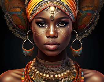 May include: A woman wearing a yellow and orange head wrap with intricate gold jewelry and a beaded necklace. The woman has dark skin and is wearing makeup.