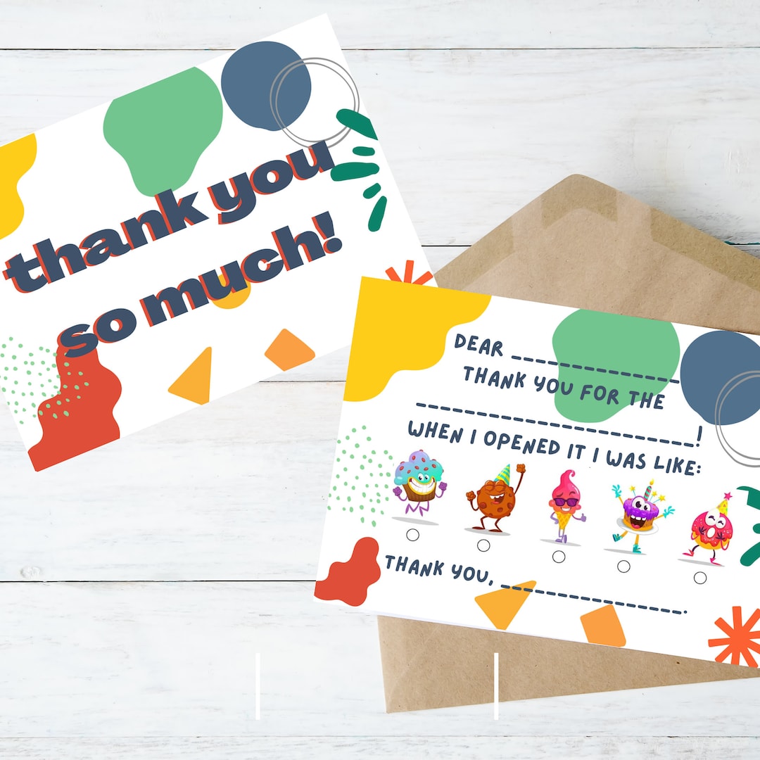 Kids Birthday Thank-you Note Card printable, Fill in the Blank, Instant