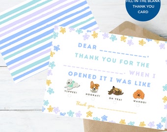 Kids Birthday --- Thank-You Note Card (Printable, Fill In the Blank, Instant Download)