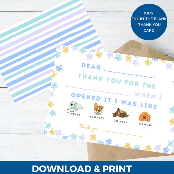 Kids Birthday --- Thank-You Note Card (Printable, Fill In the Blank, Instant Download)