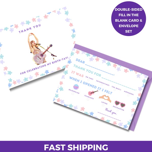 KIDS BIRTHDAY Taylor Swift Inspired Kids Thank You Card | Fill in the Blank| Thank You For My Birth-Tay Card & Envelopes (Set of 10)