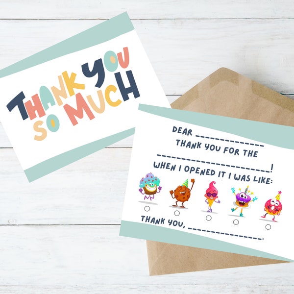 KIDS BIRTHDAY --- Thank-You Note Card (Printable, Fill In the Blank, Instant Download)