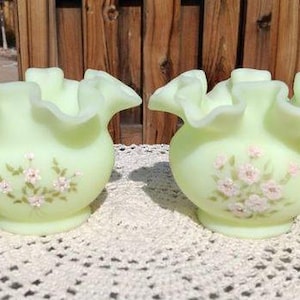 Two Fenton Custard Uranium Glass Ruffled Rim Vases Hand Painted EUC
