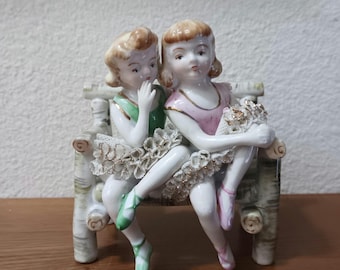 Two Ballerinas on a Country Bench Ceramic Lace Exc. Cond.