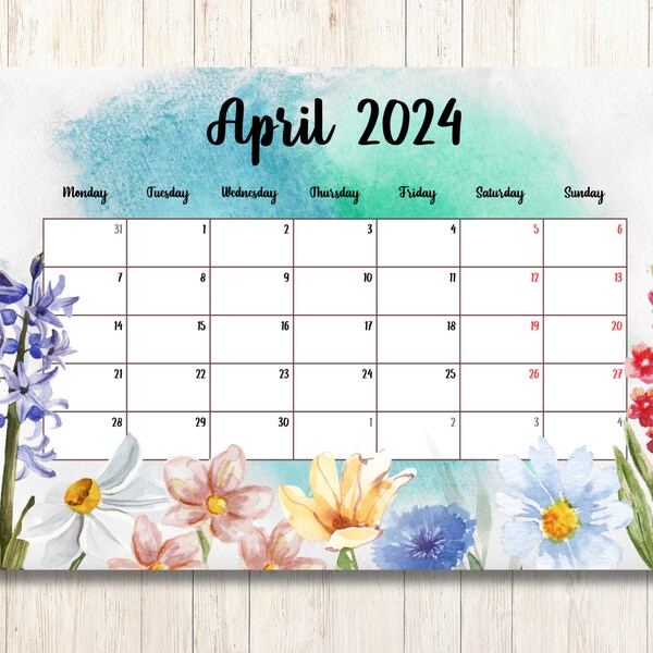 EDITABLE April 2024 Calendar, Floral Spring, Monthly Planner, Kids Schedule, Printable Classroom Calendar