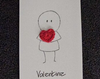 Handmade Crocheted Valentine cards. Unique hand drawn Greetings cards. Personalised cards can be made to order. Heart motif cards.