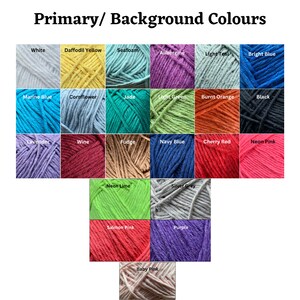 May include: A chart of yarn colors with names for each color. The colors include white, daffodil yellow, seafoam, aubergine, light teal, bright blue, marine blue, cornflower, jade, light green, burnt orange, black, lavender, wine, fudge, navy blue, cherry red, neon pink, neon lime, silver grey, salmon pink, purple, and baby pink.