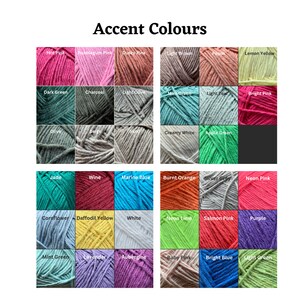 May include: A chart of yarn colors with names for each color. The colors include hot pink, bubblegum pink, dusty pink, light brown, peach, lemon yellow, dark green, charcoal, light olive, mint green, light teak, bright pink, olive, beige, sand, creamy white, apple green, jade, wine, marine blue, burnt orange, silver grey, neon pink, cornflower, daffodil yellow, white, neon lime, salmon pink, purple, mint green, lavender, aubergine, baby pink, bright blue, and light green.