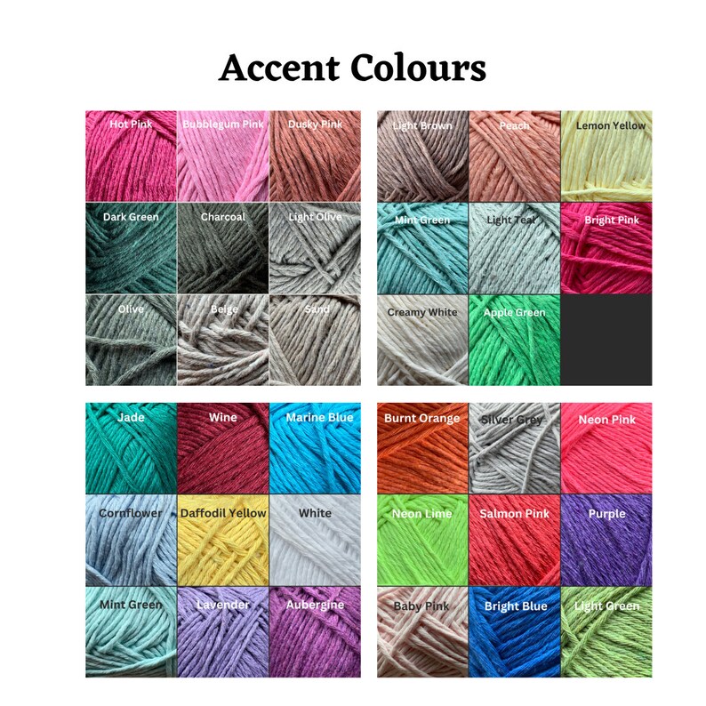 May include: A chart of yarn colors with names for each color. The colors include hot pink, bubblegum pink, dusty pink, light brown, peach, lemon yellow, dark green, charcoal, light olive, mint green, light teak, bright pink, olive, beige, sand, creamy white, apple green, jade, wine, marine blue, burnt orange, silver grey, neon pink, cornflower, daffodil yellow, white, neon lime, salmon pink, purple, mint green, lavender, aubergine, baby pink, bright blue, and light green.