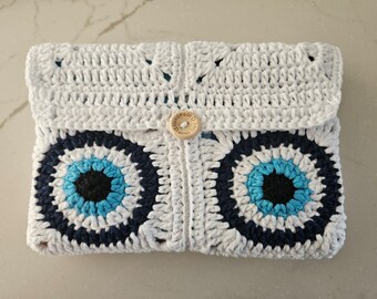 Crocheted Envelope Style Book Sleeve, Handmade, Paperback book sleeve, Kindle Sleeve, Crocheted Book Cover, Crochet Evil Eye Book Sleeve