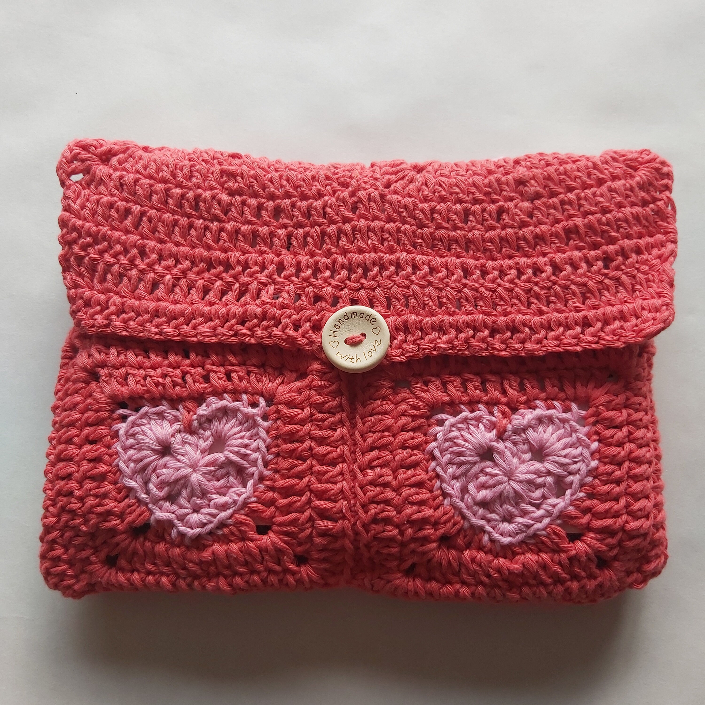 Envelope Style, Heart Design Crochet Book Sleeve, Handmade, Paperback