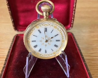 Reloj de bolsillo antiguo para mujer, oro de 14 quilates, circa 1890, suizo – Esfera de esmalte ornamentada – 36 mm