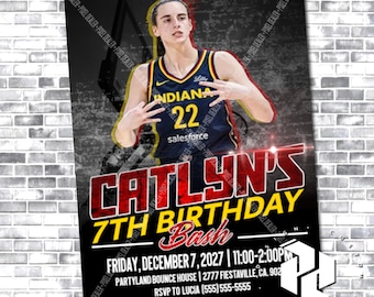 Spersonalizowane zaproszenie urodzinowe Caitlin Clark z motywem Indiana Fever | Spersonalizowane zaproszenie na imprezę futbolową WNBA | Pobieranie cyfrowe