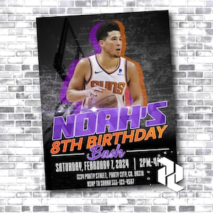 May include: Purple and orange birthday party invitation with a basketball player wearing a Suns jersey. The invitation says "Noah's 8th Birthday Bash" and includes the date, time, and location of the party.