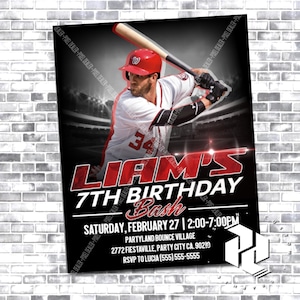 May include: A baseball-themed birthday party invitation with a baseball player in a red helmet and jersey. The invitation reads "Liam's 7th Birthday Bash" with event details, including the date, time, and location.