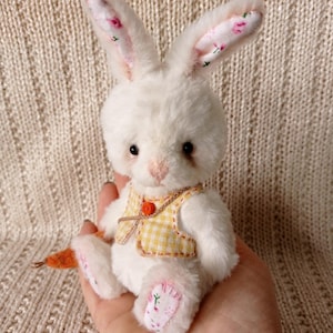 Handmade Mohair Teddy Bunny: Collectible Miniature Rabbit with Carrot