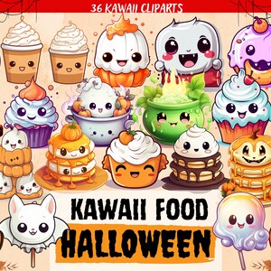 Kawaii Halloween Food Clipart Bundle Match parfait kawaii PNG Mignon clip art alimentaire Graphiques vectoriels drôles Sweet Planner Imprimable Citrouille mignonne