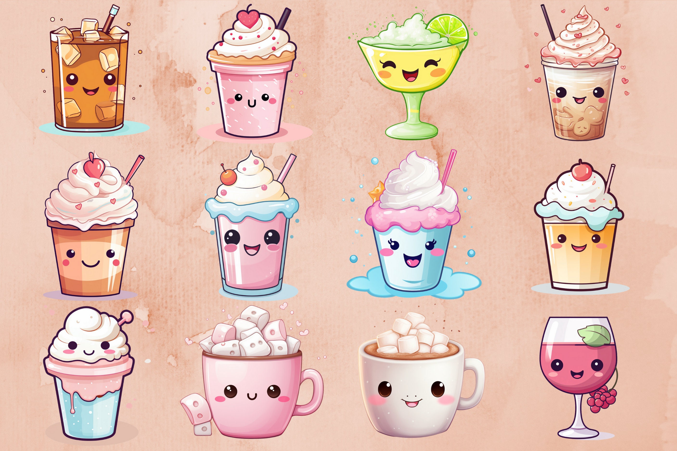 Kawaii Drinks Clipart Set PNG Cute Food Graphics Funny Clipart Graphics ...
