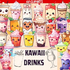 Kawaii Bebidas Clipart set PNG Lindos Gráficos de Alimentos Gráficos divertidos de imágenes prediseñadas para niños Imágenes lindas para Planer Digital Kawaii Clipart Happy PNG