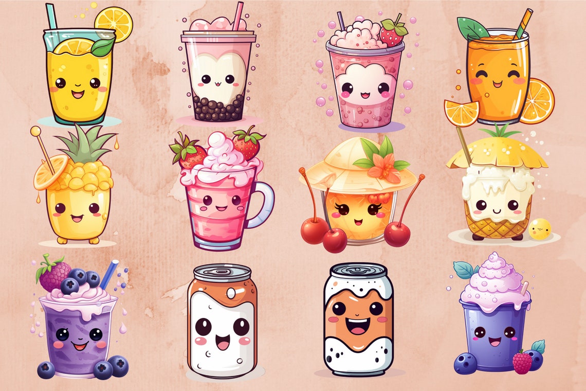Kawaii Drinks Clipart Set PNG Cute Food Graphics Funny Clipart Graphics ...