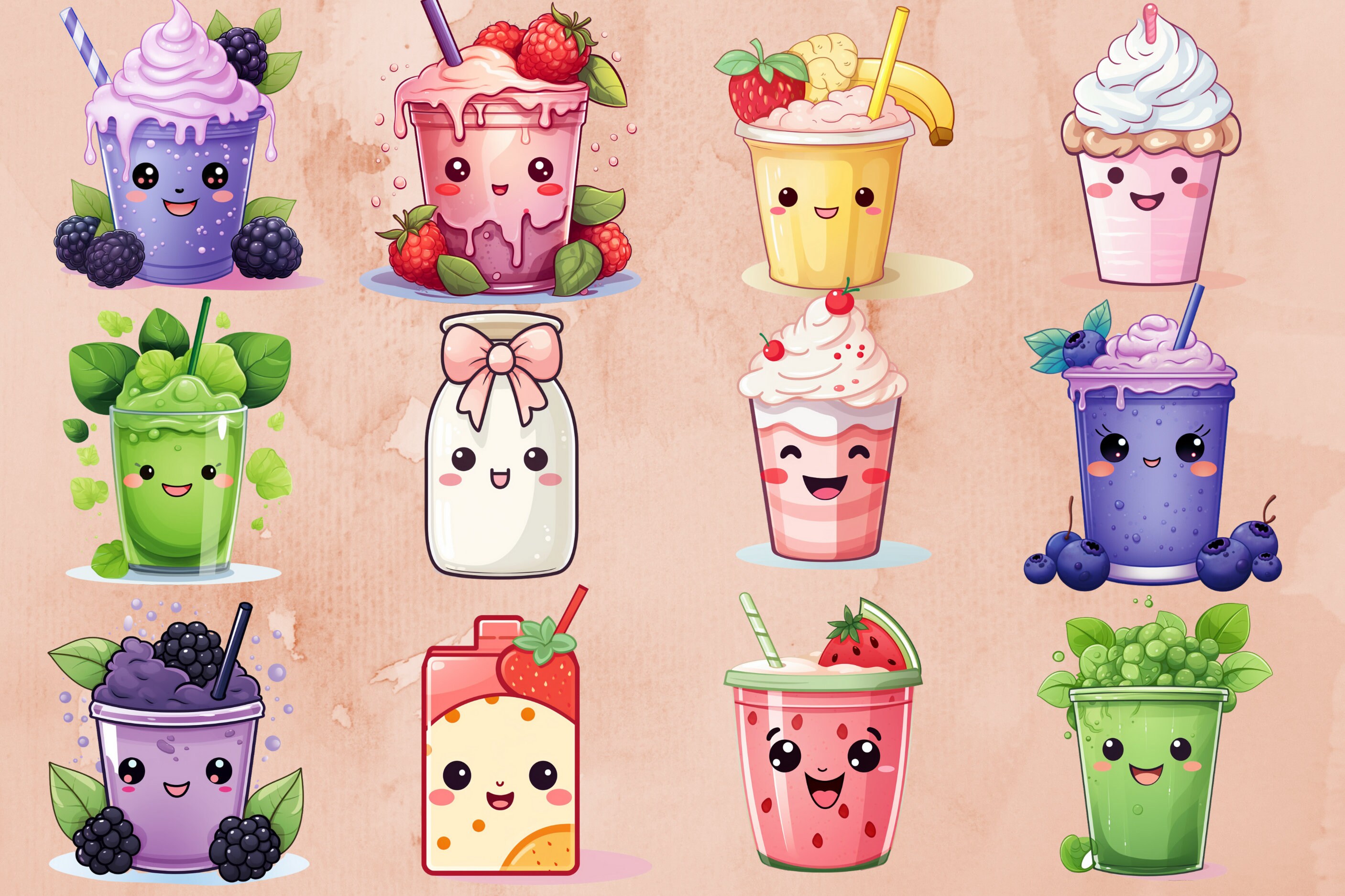 Kawaii Drinks Clipart Set PNG Cute Food Graphics Funny Clipart Graphics ...
