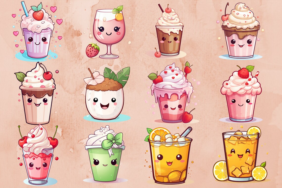 Kawaii Drinks Clipart Set PNG Cute Food Graphics Funny Clipart Graphics ...