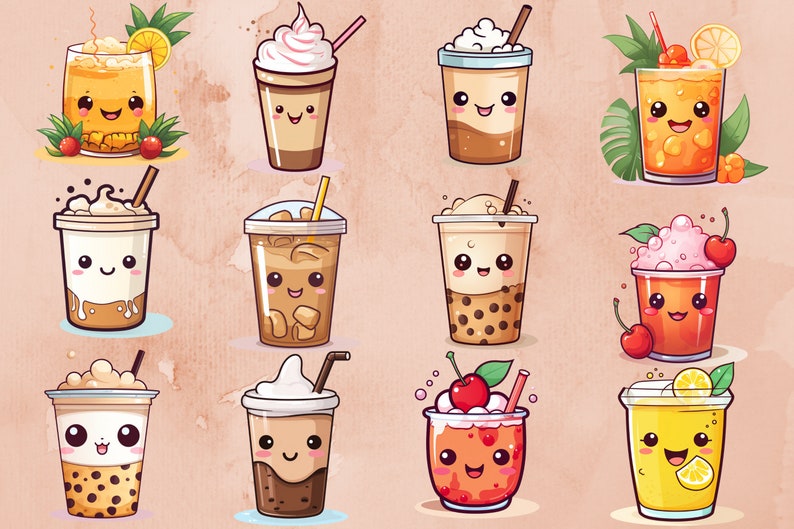 Kawaii Drinks Clipart Set PNG Cute Food Graphics Funny Clipart Graphics ...