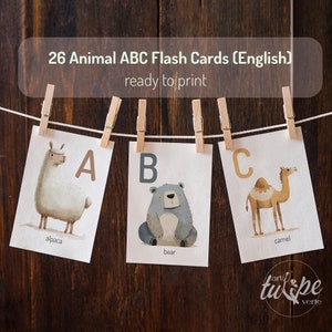 A Set of Animal Alphabet Flashcards 26 Cute Letters & Illustrations for kids to learn English ABC | Nursery Room Cards | Instant Download