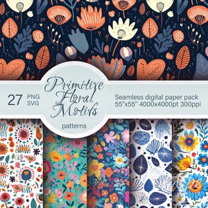 Primitive Blumenmotive Digitales Papier Nahtlose Blumenmuster Hintergrund Botanisches Thema Muster Sofort Download Kostenlose kommerzielle Nutzung