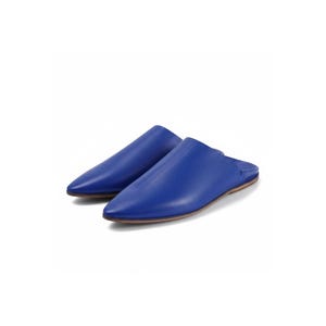 May include: A pair of cobalt blue leather slip-on shoes with pointed toes. The shoes have a textured surface and a low heel. The footwear is set against a white background.