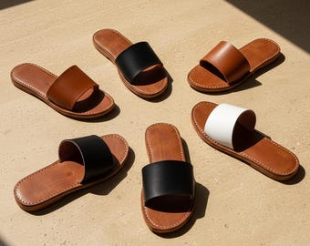 Handgefertigte Ledersandalen für Damen | Minimalistische, flache Sommersandalen | Bequeme Boho-Schuhe | Künstlerisches Geschenk für Sie