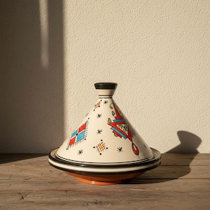 Handmade Moroccan Tagine Pot Berber Symbols | Ceramic Cooking Tagine | Hand Painted Cream Tajine | Traditional Cookware | Moroccan Decor