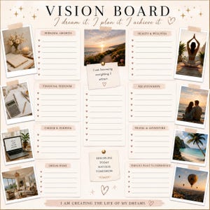 Könnte beinhalten: Ein Vision Board mit dem Text "VISION BOARD" und dem Satz "I dream it. I plan it. I achieve it." Das Board enthält Abschnitte für persönliches Wachstum, Gesundheit, finanzielle Freiheit, Karriere, Beziehungen, Reisen und ein Traumhaus. Fotos und Text sind enthalten.