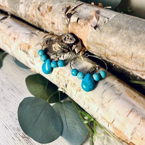 Turquoise Hoop Earrings, Boho Western Earrings, Silver and Turquoise Stone Jewelry, Real Turquoise Stone Beaded Earrings
