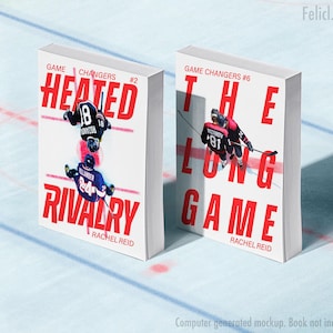 May include: Two book covers featuring hockey players. The first book is titled "Heated Rivalry" with players in black and blue jerseys. The second book is titled "The Long Game" with a player in a red jersey.