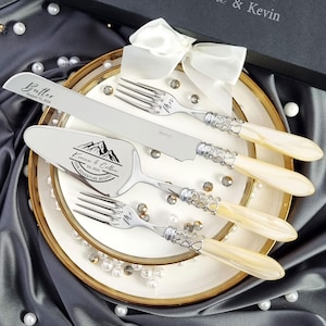 Ivory Pearl Wedding Cake Cutting Set with Forks - Engraved Knife and Server - Silver Accents - Custom Gift Box - Bridal Shower - Couple Gift