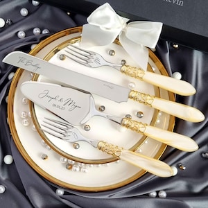 Ivory Pearl Wedding Cake Cutting Set with Forks - Engraved Knife and Server - Gold Accents - Gift Box - Bridal Shower - Elegant Keepsake