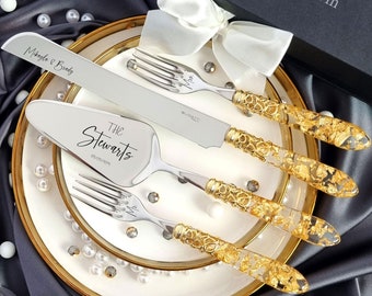 Personalized Wedding Cake Cutting Set: Gold Flakes Handle, Engraved Knife & Server